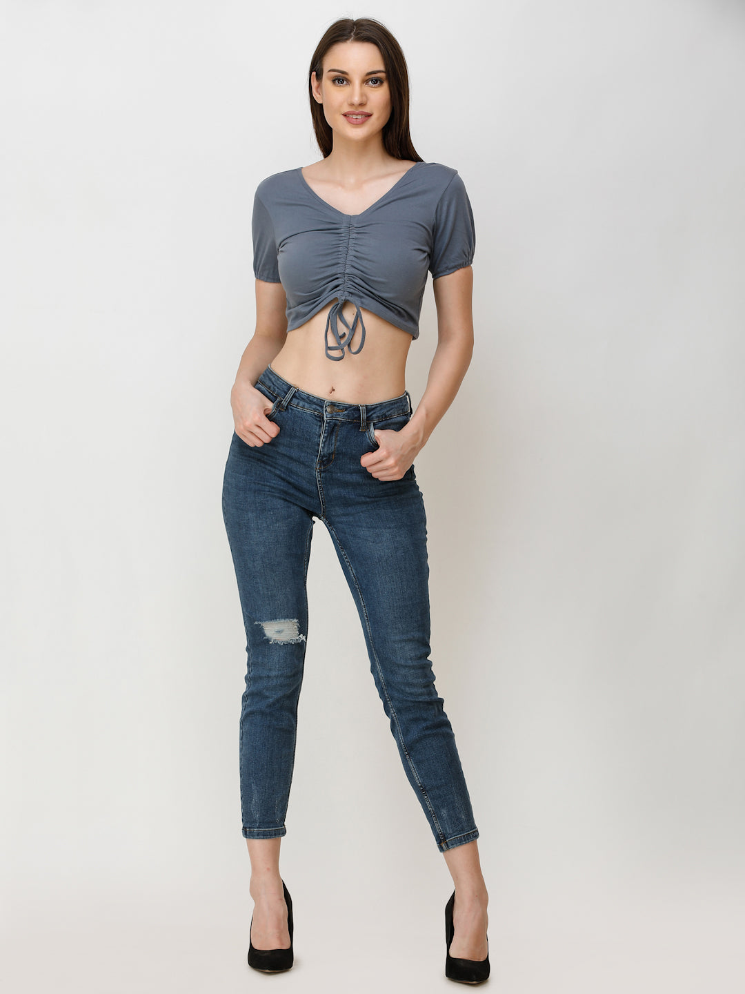 SCORPIUS Women Grey Solid Fitted Crop Top