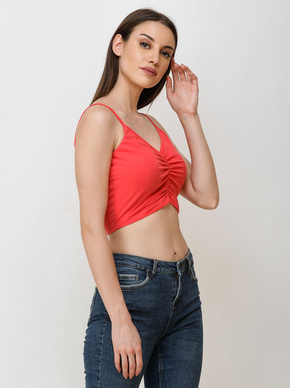 SCORPIUS Women Coral Red Solid Fitted Top
