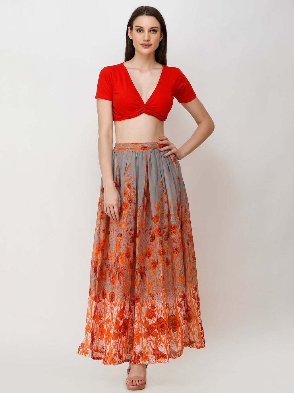 Scorpius Women Grey & Orange Floral Printed Flared Maxi Chiffon Skirt
