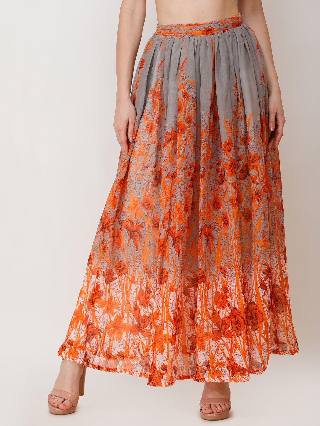Scorpius Women Grey & Orange Floral Printed Flared Maxi Chiffon Skirt