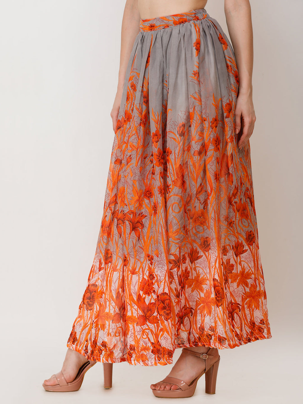 Scorpius Women Grey & Orange Floral Printed Flared Maxi Chiffon Skirt