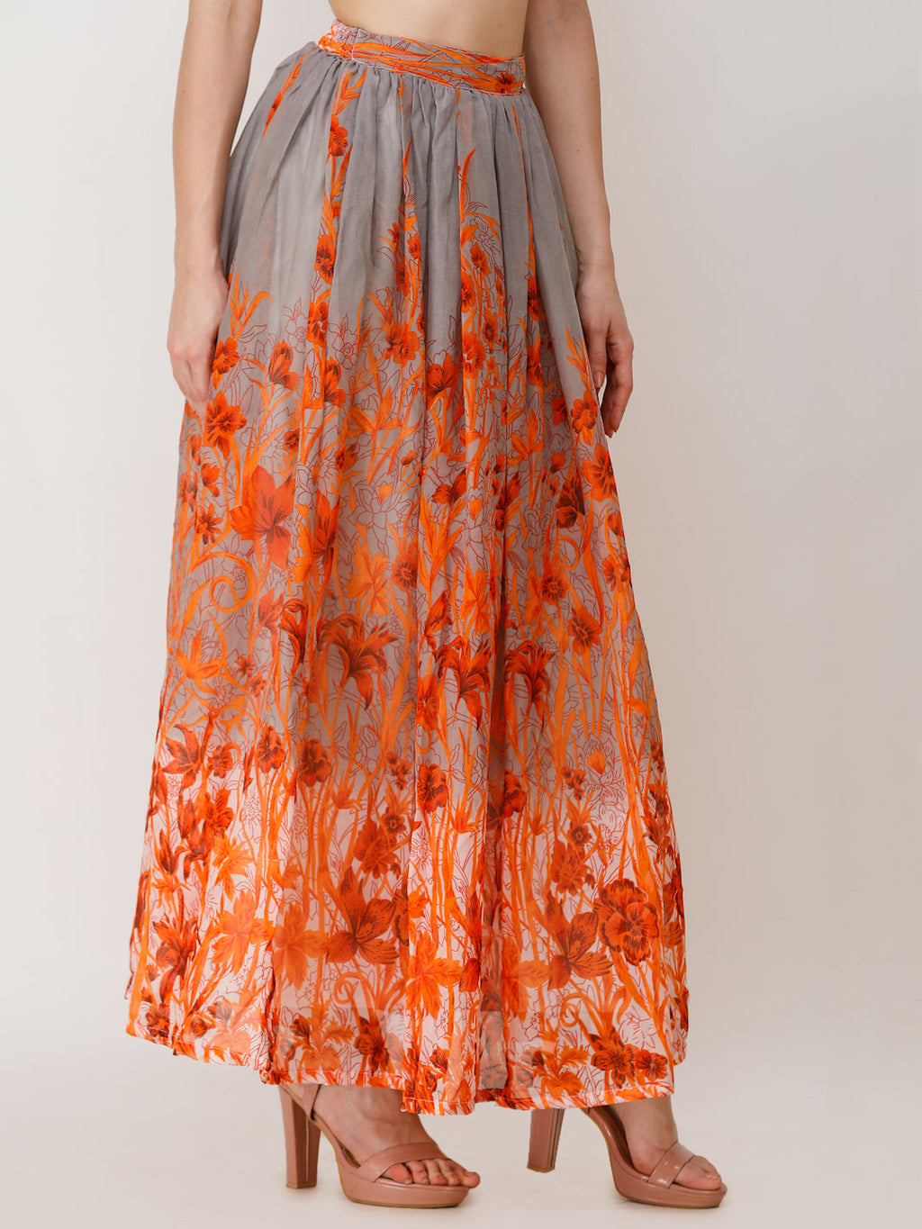 Scorpius Women Grey & Orange Floral Printed Flared Maxi Chiffon Skirt