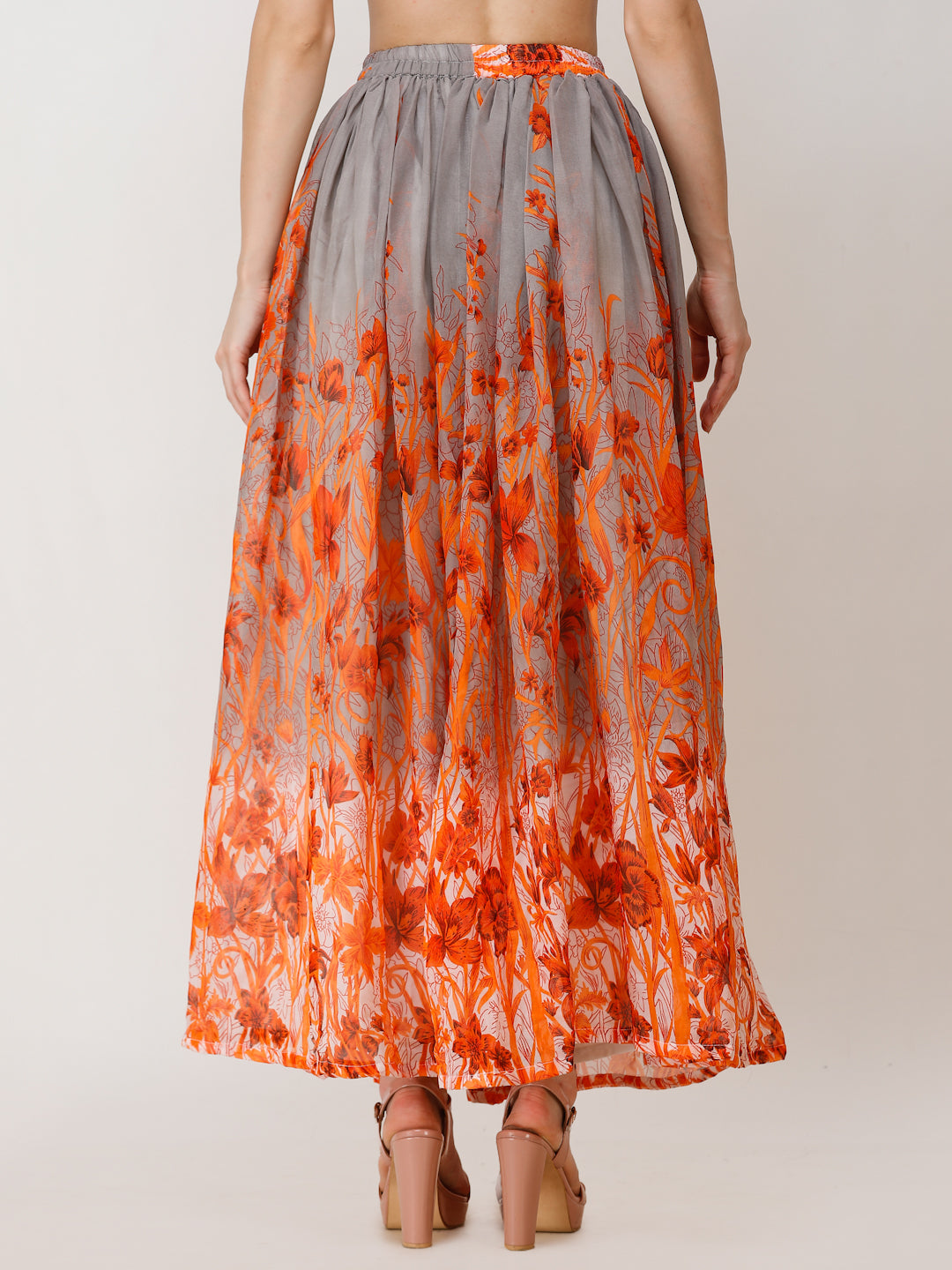 Scorpius Women Grey & Orange Floral Printed Flared Maxi Chiffon Skirt