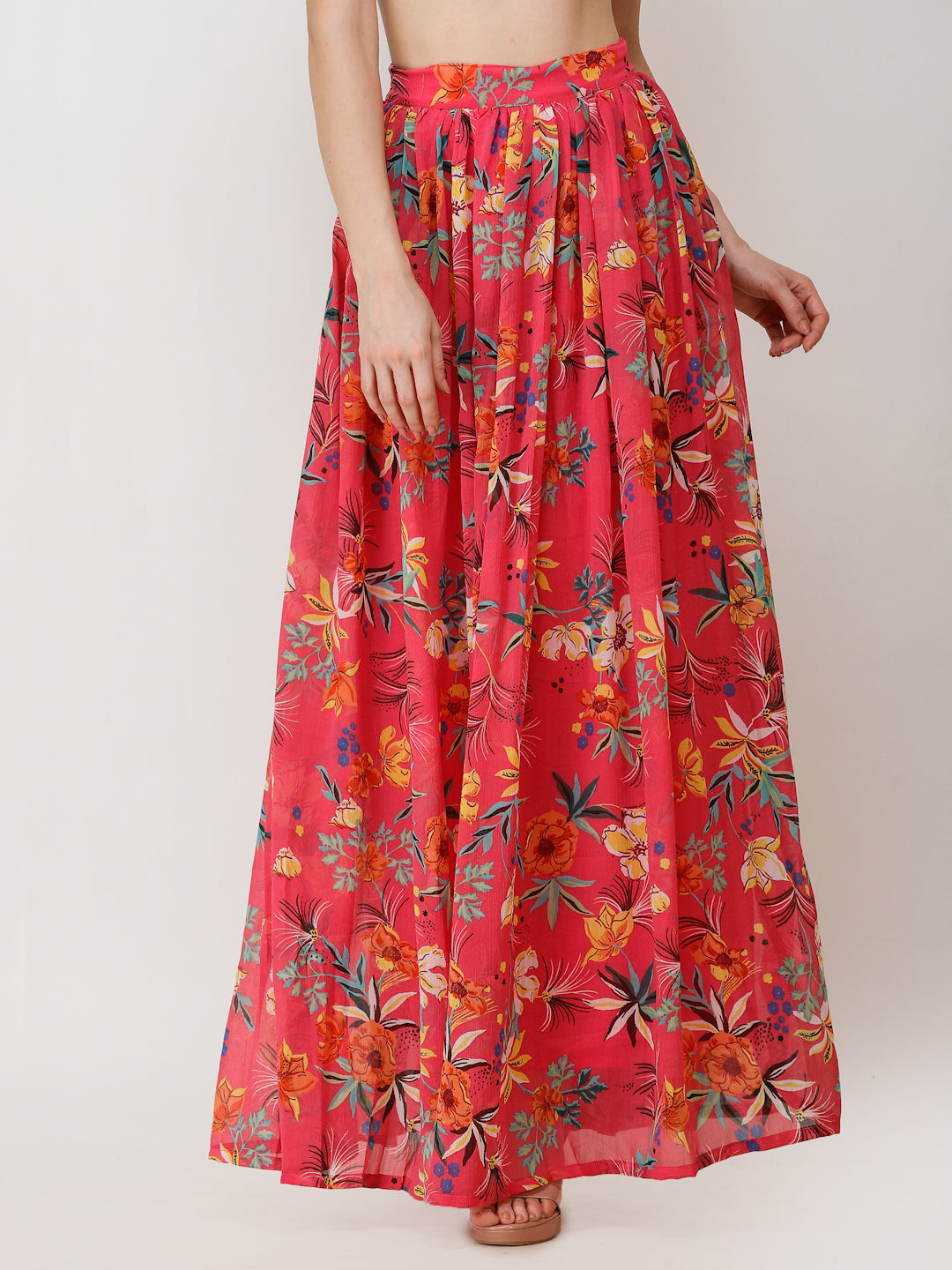Scorpius Women Pink & Yellow Floral Printed Flared Maxi Chiffon Skirt