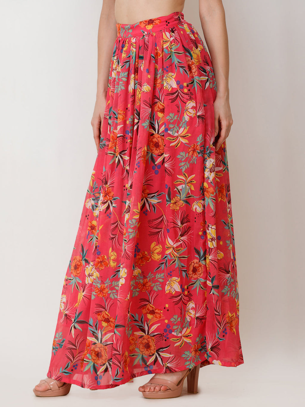 Scorpius Women Pink & Yellow Floral Printed Flared Maxi Chiffon Skirt