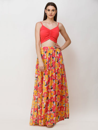 Scorpius Women Yellow & Orange Floral Print Flared Maxi Skirt