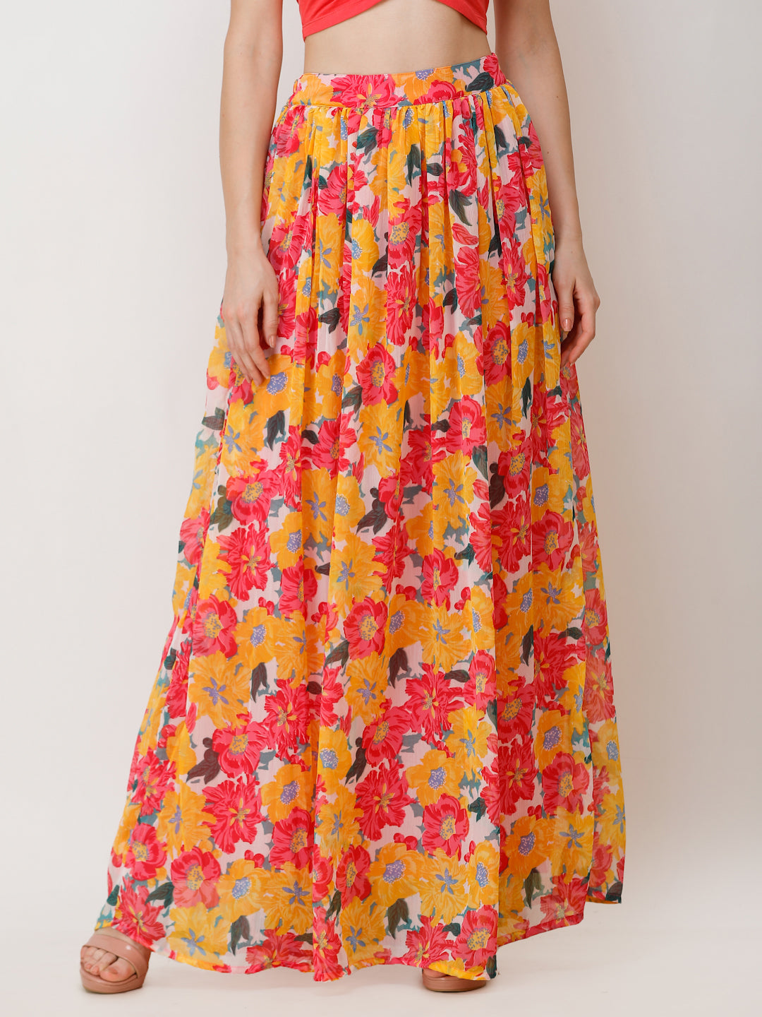 Scorpius Women Yellow & Orange Floral Print Flared Maxi Skirt