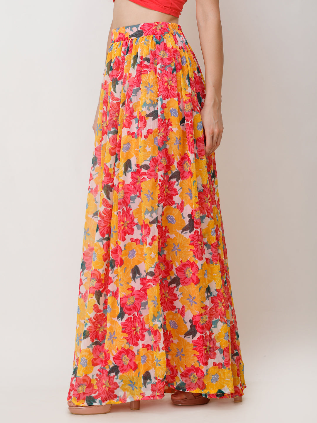 Scorpius Women Yellow & Orange Floral Print Flared Maxi Skirt