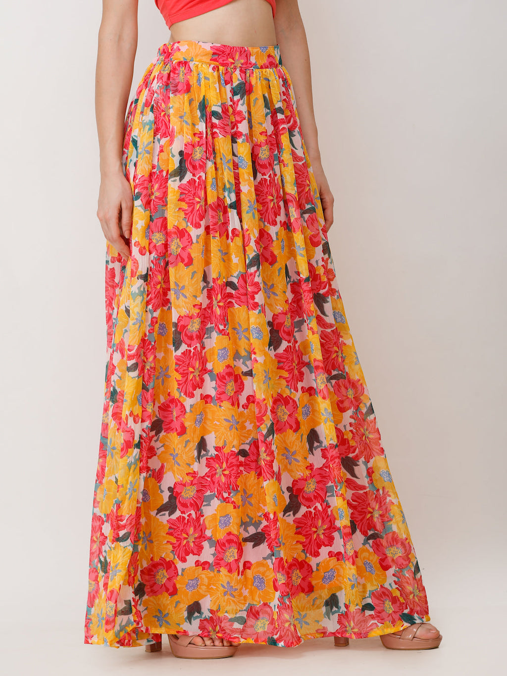 Scorpius Women Yellow & Orange Floral Print Flared Maxi Skirt