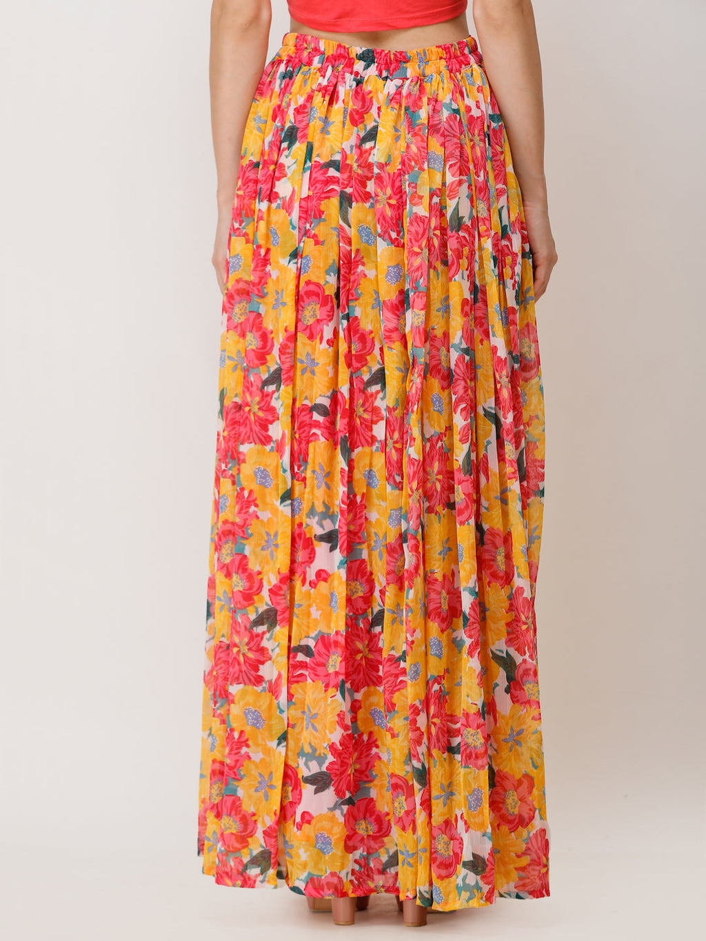 Scorpius Women Yellow & Orange Floral Print Flared Maxi Skirt