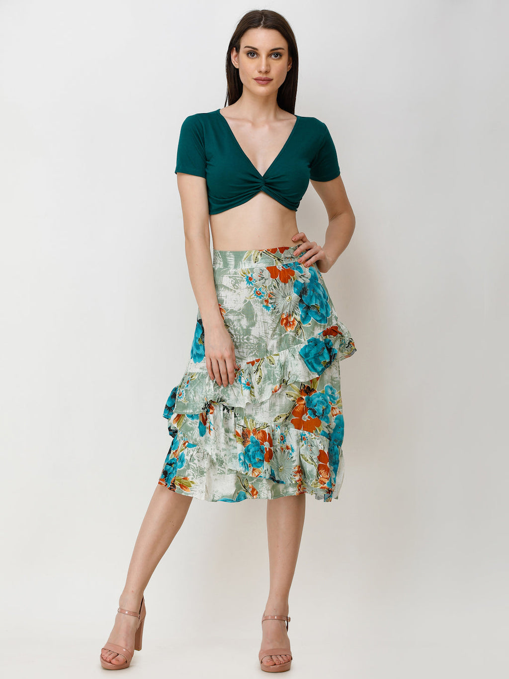 SCORPIUS Women Teal Green Solid Front Knot Crop Top