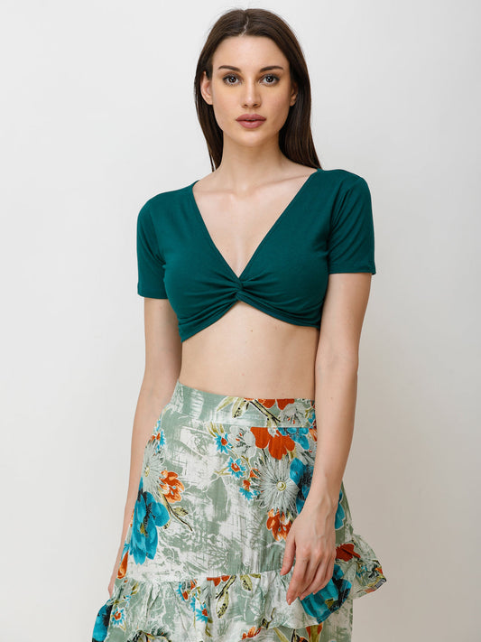 SCORPIUS Women Teal Green Solid Front Knot Crop Top