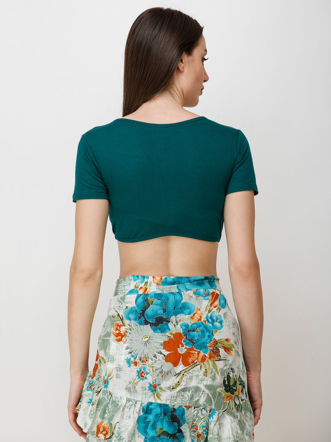 SCORPIUS Women Teal Green Solid Front Knot Crop Top