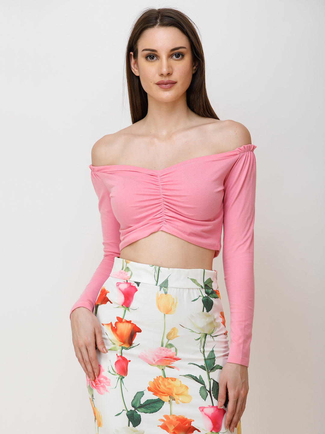 SCORPIUS Women Pink Solid Bardot Crop Top
