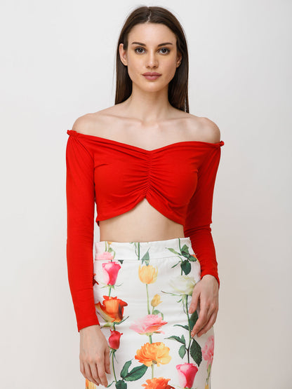 SCORPIUS Women Red Solid Front Styled Bardot Crop Top