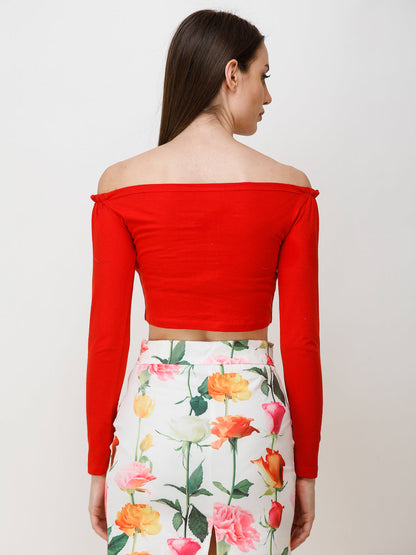 SCORPIUS Women Red Solid Front Styled Bardot Crop Top
