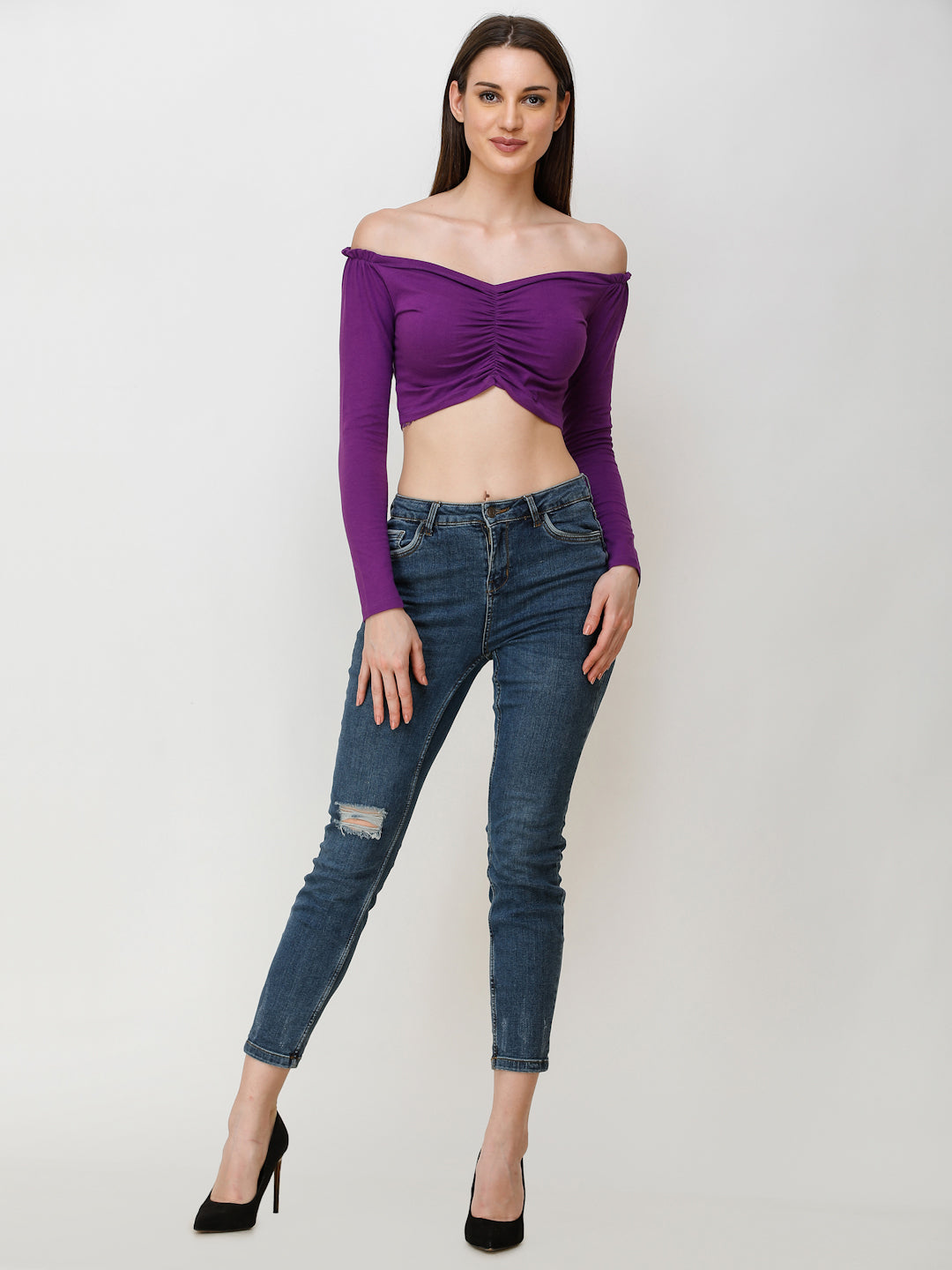 SCORPIUS Women Purple Solid Bardot Crop Top
