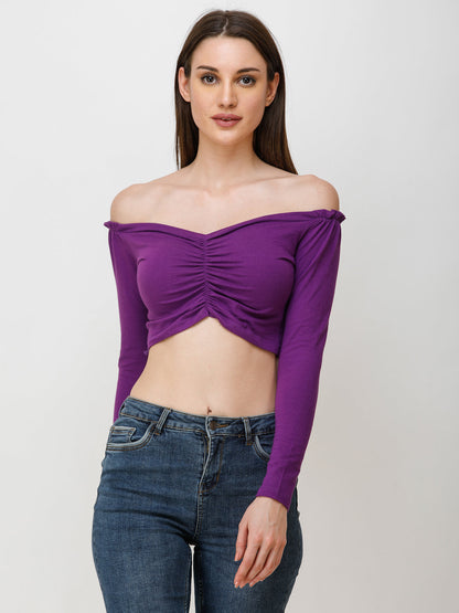 SCORPIUS Women Purple Solid Bardot Crop Top