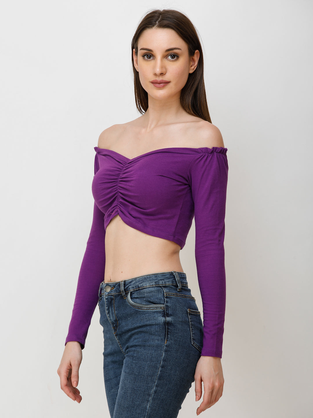 SCORPIUS Women Purple Solid Bardot Crop Top