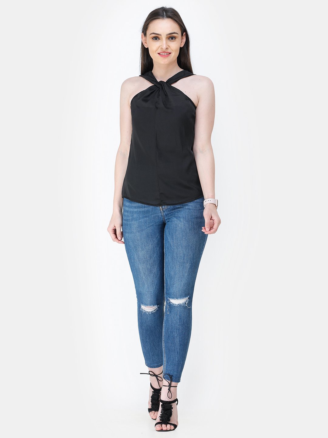 Black Solid Satin Top