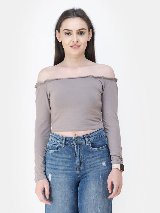 Beige Solid Crop Top