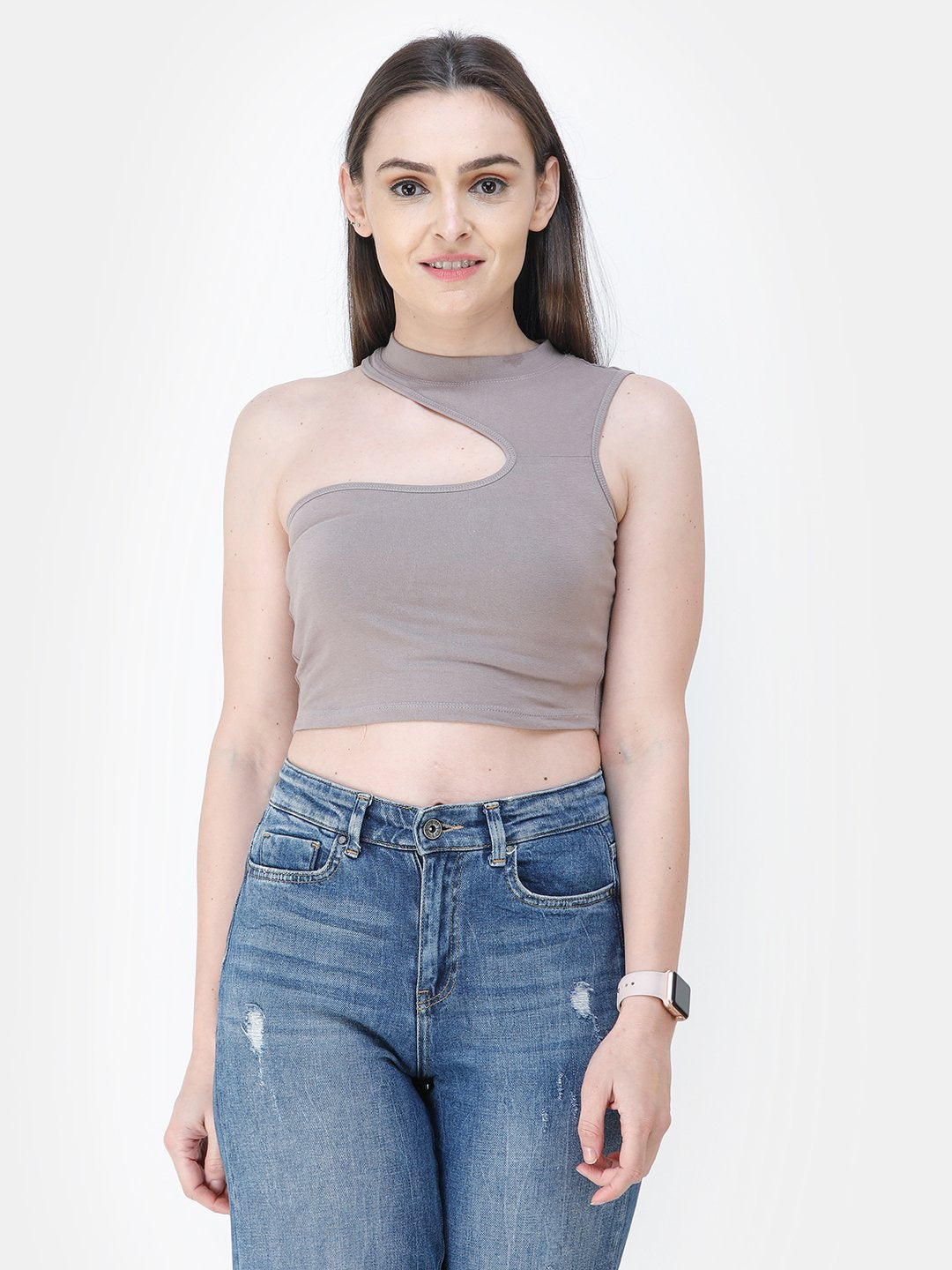 Beige Solid Crop Top