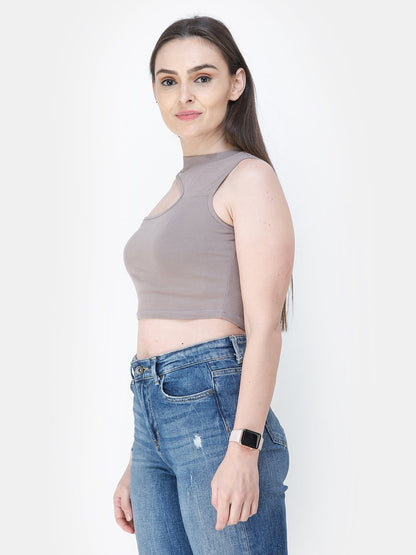 Beige Solid Crop Top