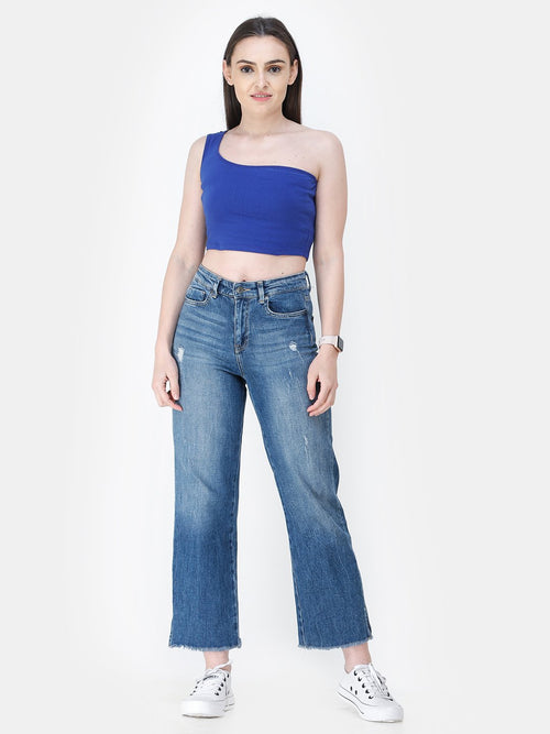 Blue Solid Crop Top