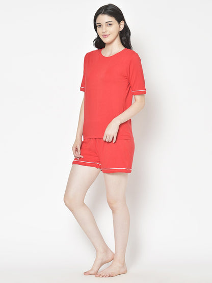 Cation Red Solid Night Suit