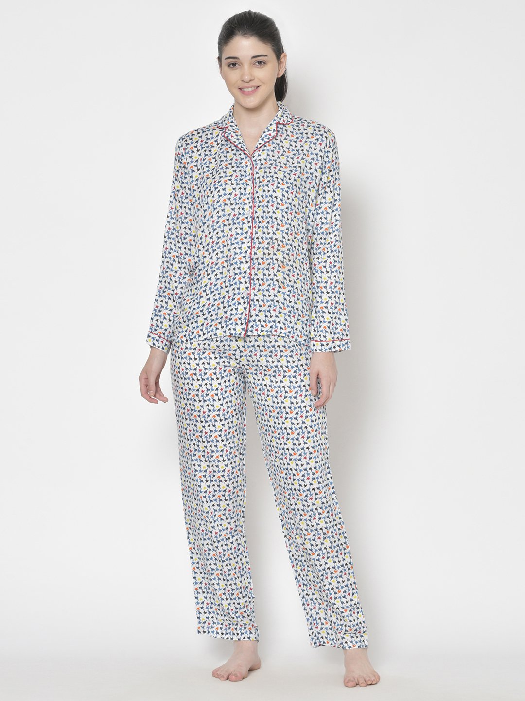 Cation Blue Solid Night Suit & White Printed Night Suit