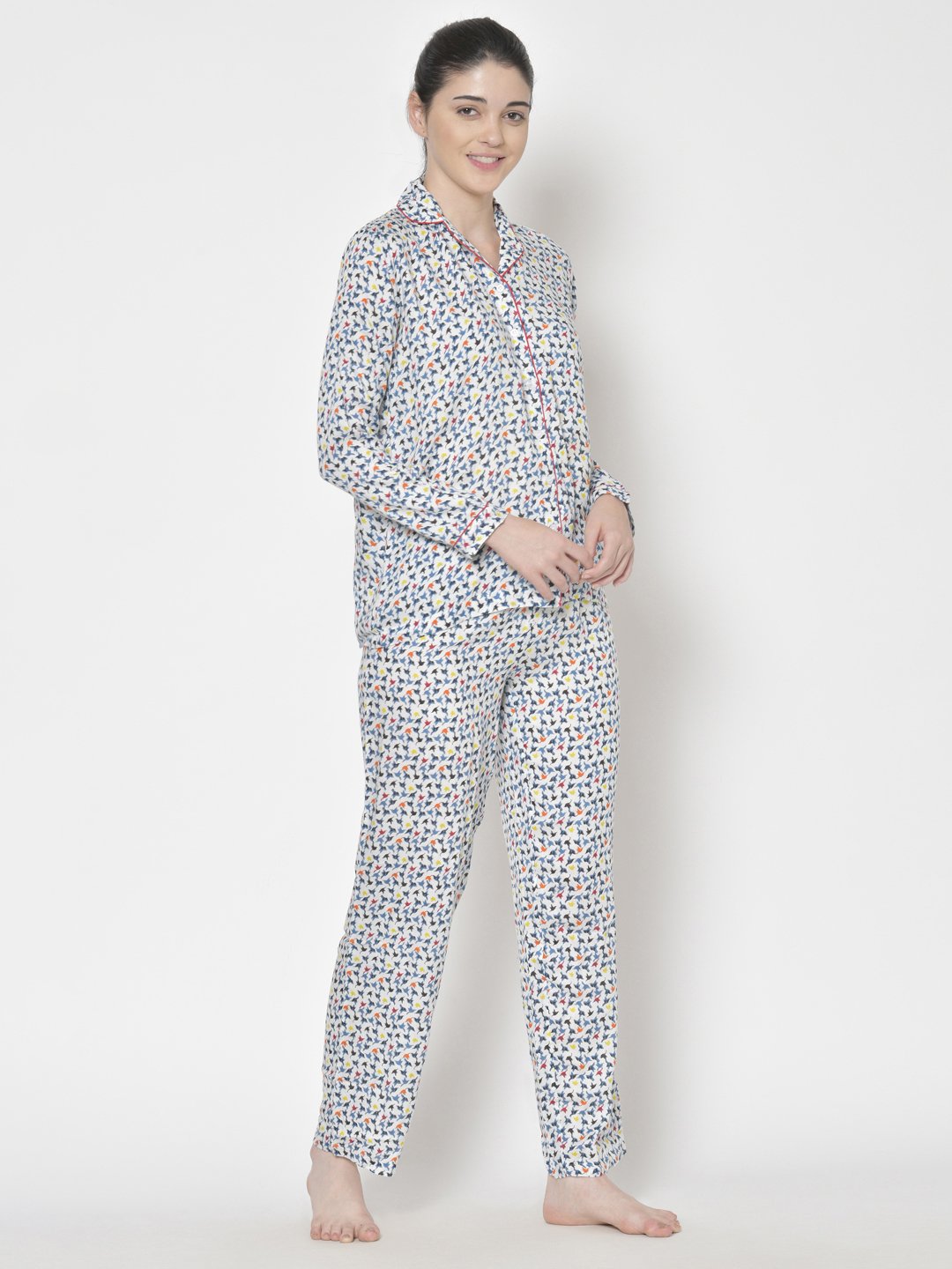 Cation Blue Solid Night Suit & White Printed Night Suit