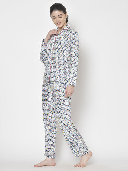 Cation Blue Solid Night Suit & White Printed Night Suit