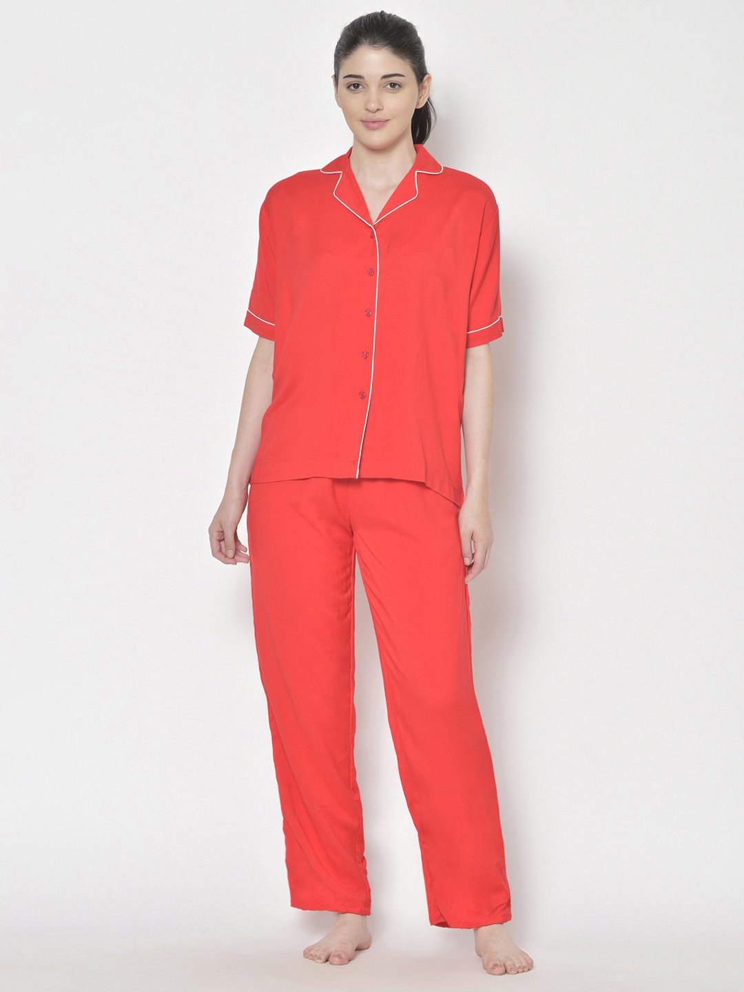 Cation Red Solid Night Suit