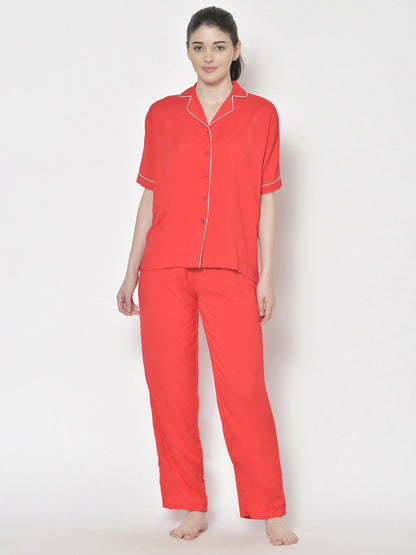 Cation Red Solid Night Suit