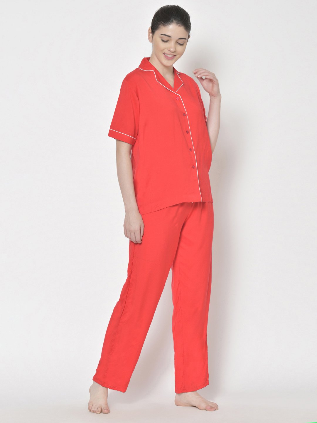 Cation Red Solid Night Suit