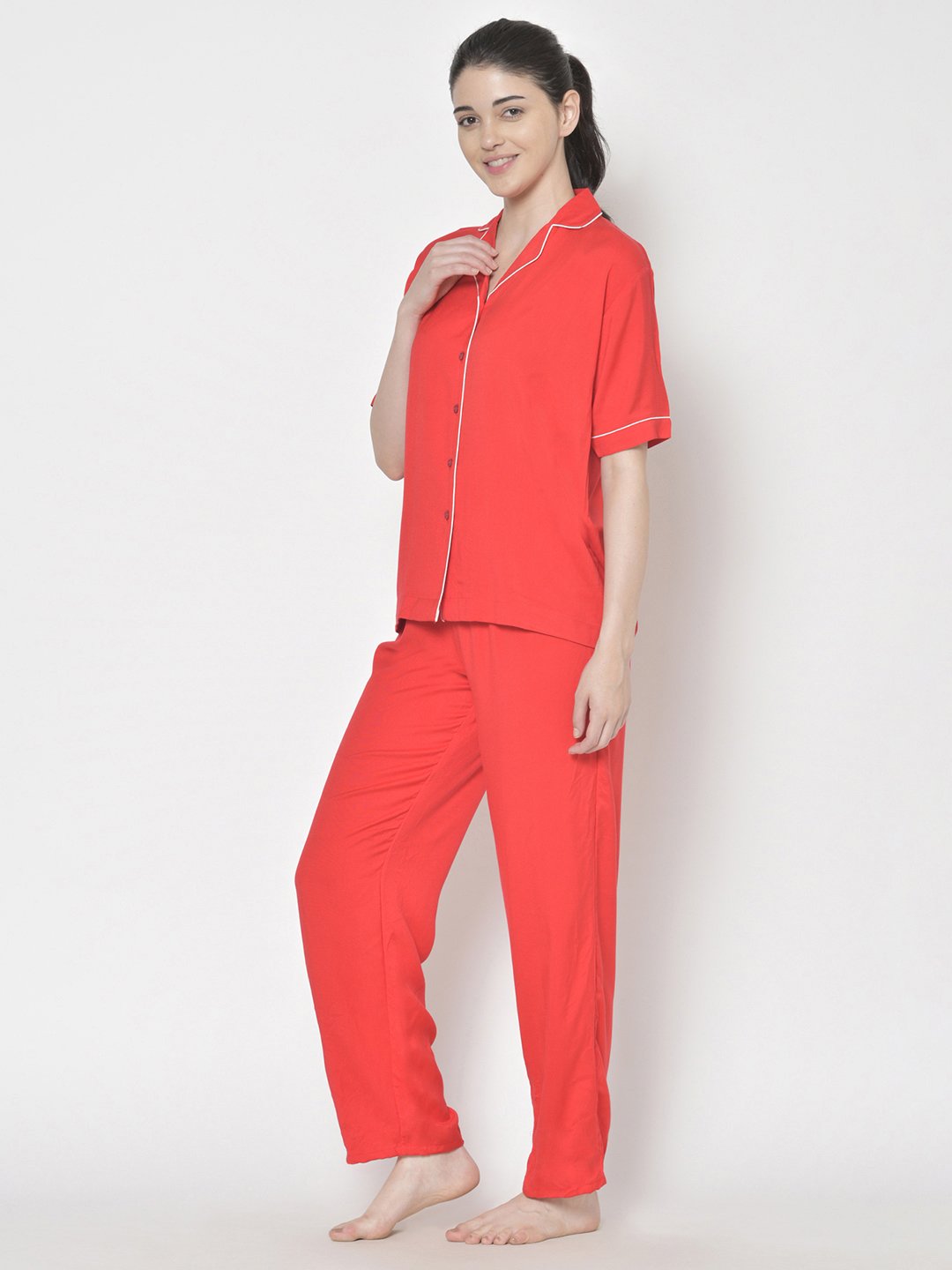 Cation Red Solid Night Suit