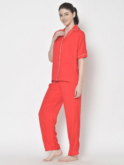 Cation Red Solid Night Suit