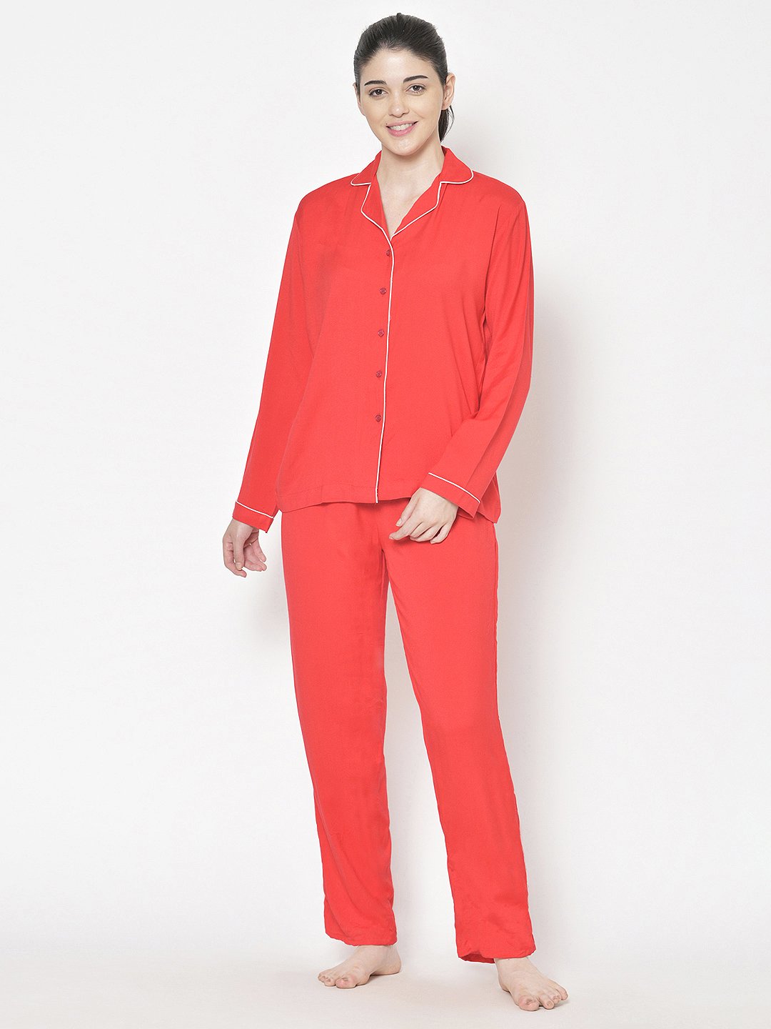 Cation Red Solid Night Suit