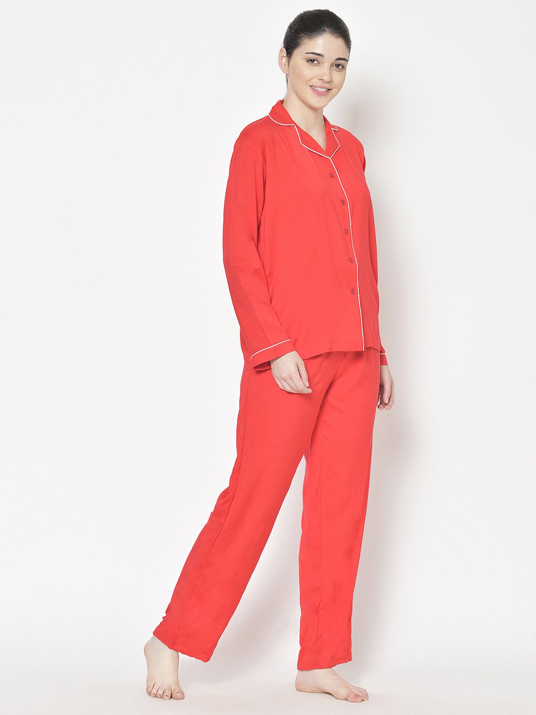 Cation Red Solid Night Suit
