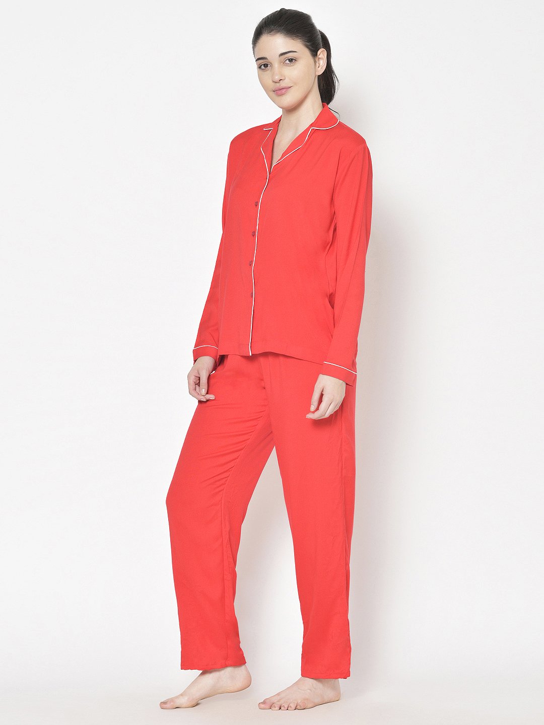 Cation Red Solid Night Suit