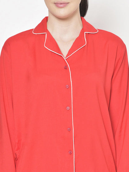 Cation Red Solid Night Suit