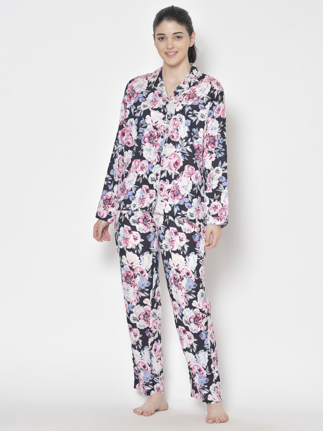 Cation Blue Solid Night Suit & Pink Printed Night Suit