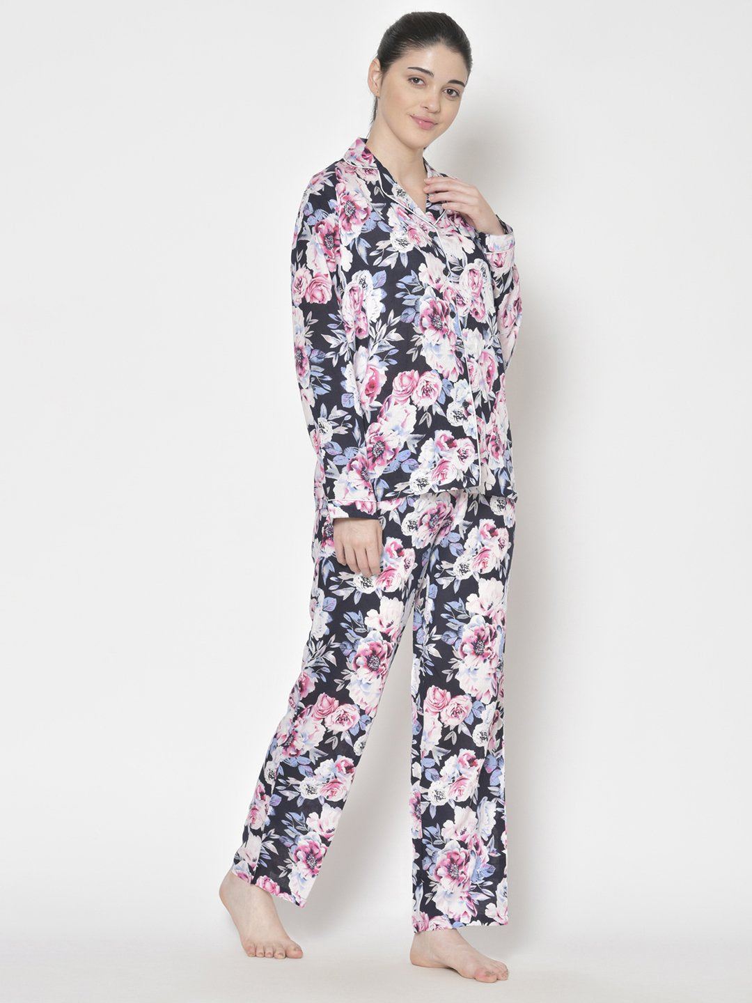 Cation Blue Solid Night Suit & Pink Printed Night Suit