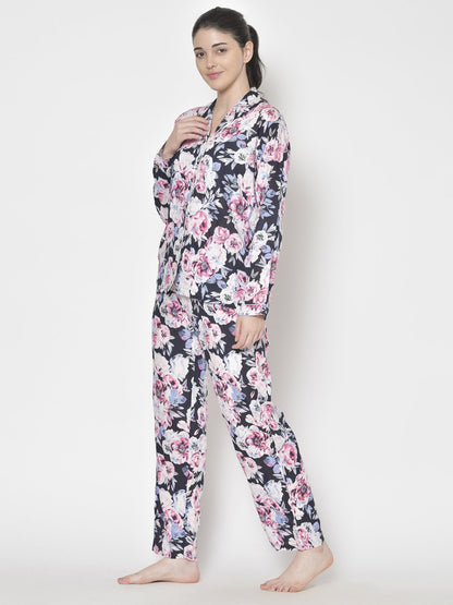 Cation Blue Solid Night Suit & Pink Printed Night Suit