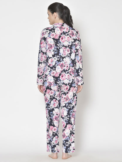 Cation Blue Solid Night Suit & Pink Printed Night Suit