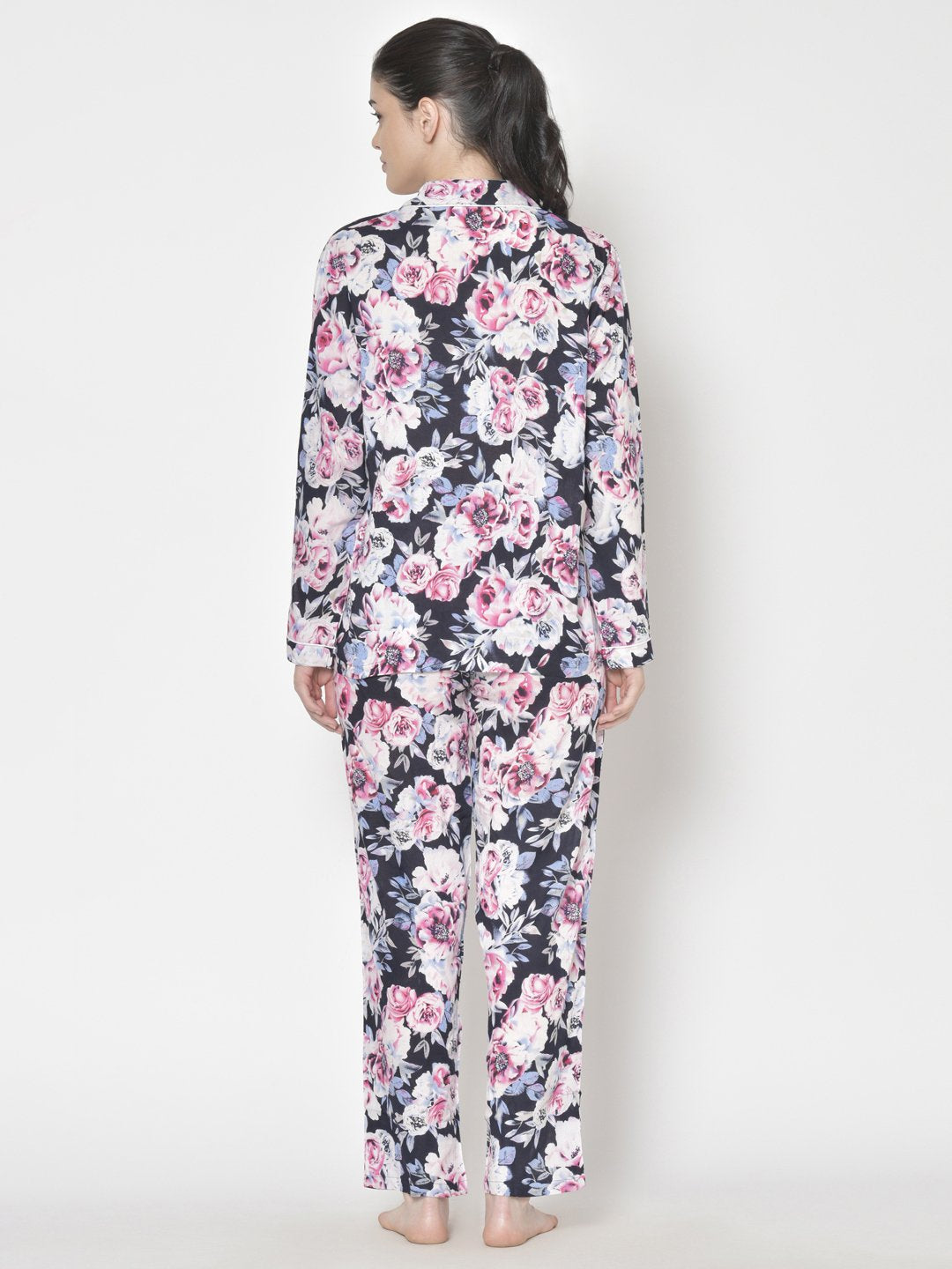 Cation Blue Solid Night Suit & Pink Printed Night Suit