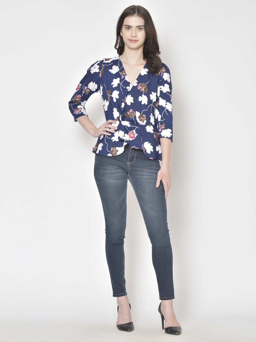 Cation Navy Blue Printed Top