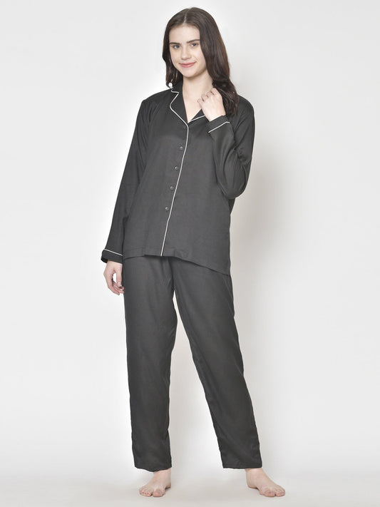 Cation Solid Black Night Suit