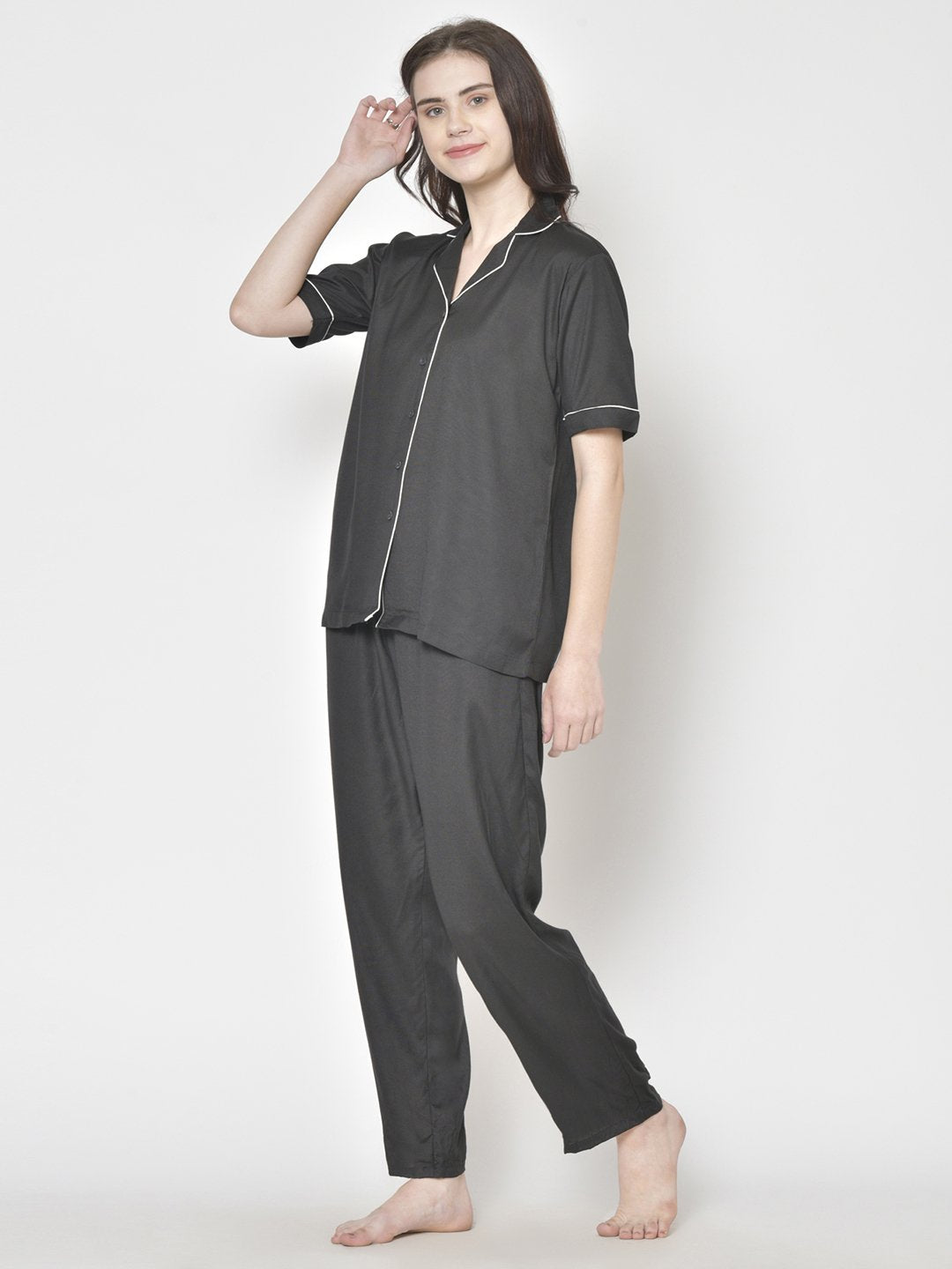 Cation Solid Black Night Suit