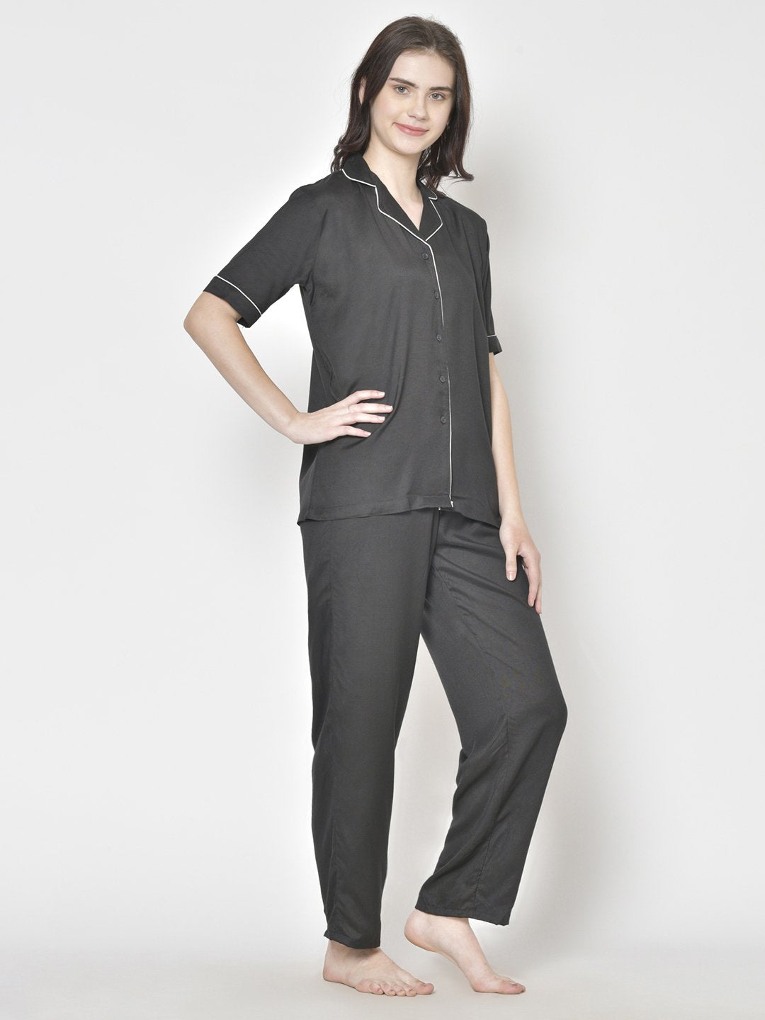 Cation Solid Black Night Suit